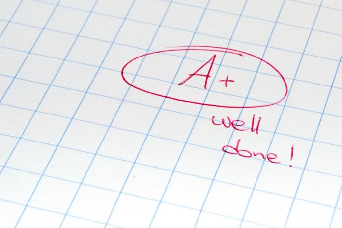 A+ mark written in red on a squared paper