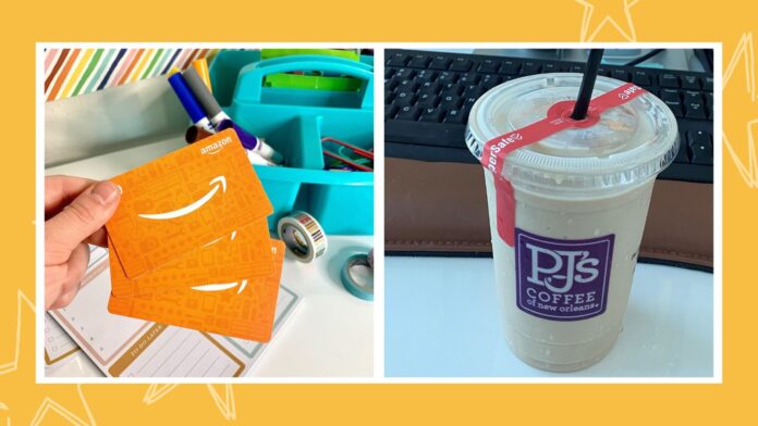 Teacher gifts including amazon gift cards and iced coffee