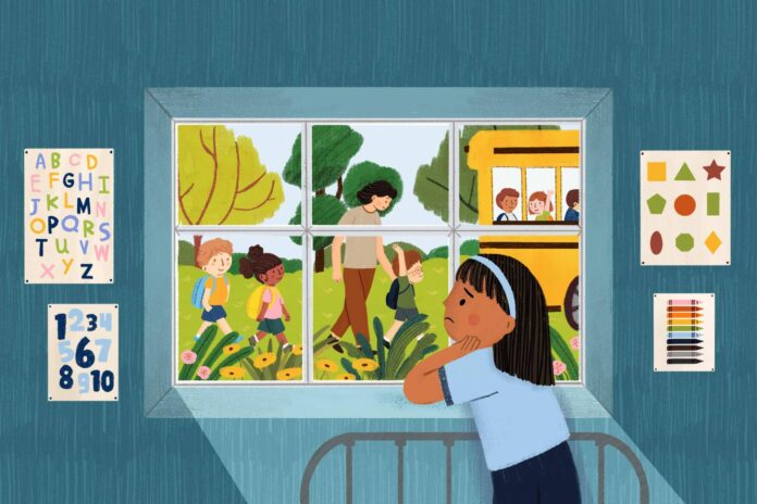 An illustration of a young girl leaning on a windowsill, looking sad, as she watches other children happily get on a school bus.